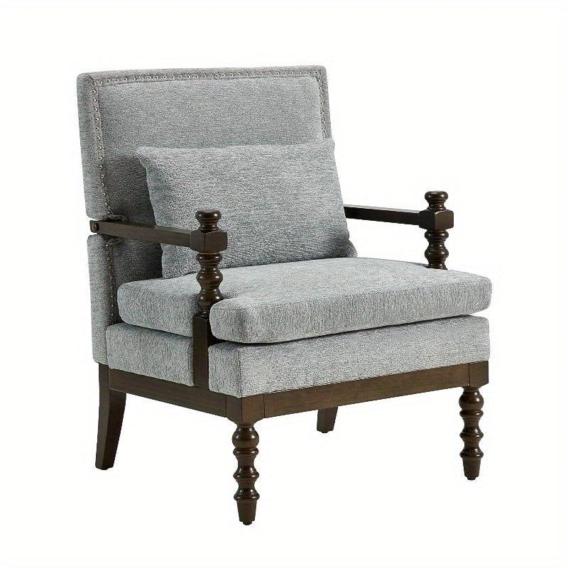 Gray Linen Accent Chair with Lumbar Pillow — front three-quarter view of the gray chair