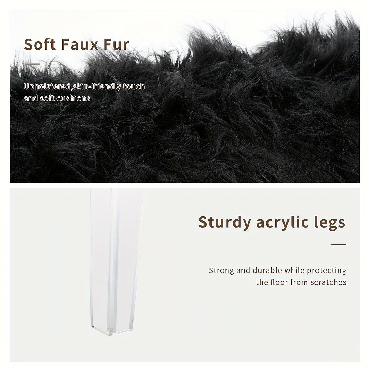 Close view of black faux-fur upholstery and a clear acrylic support