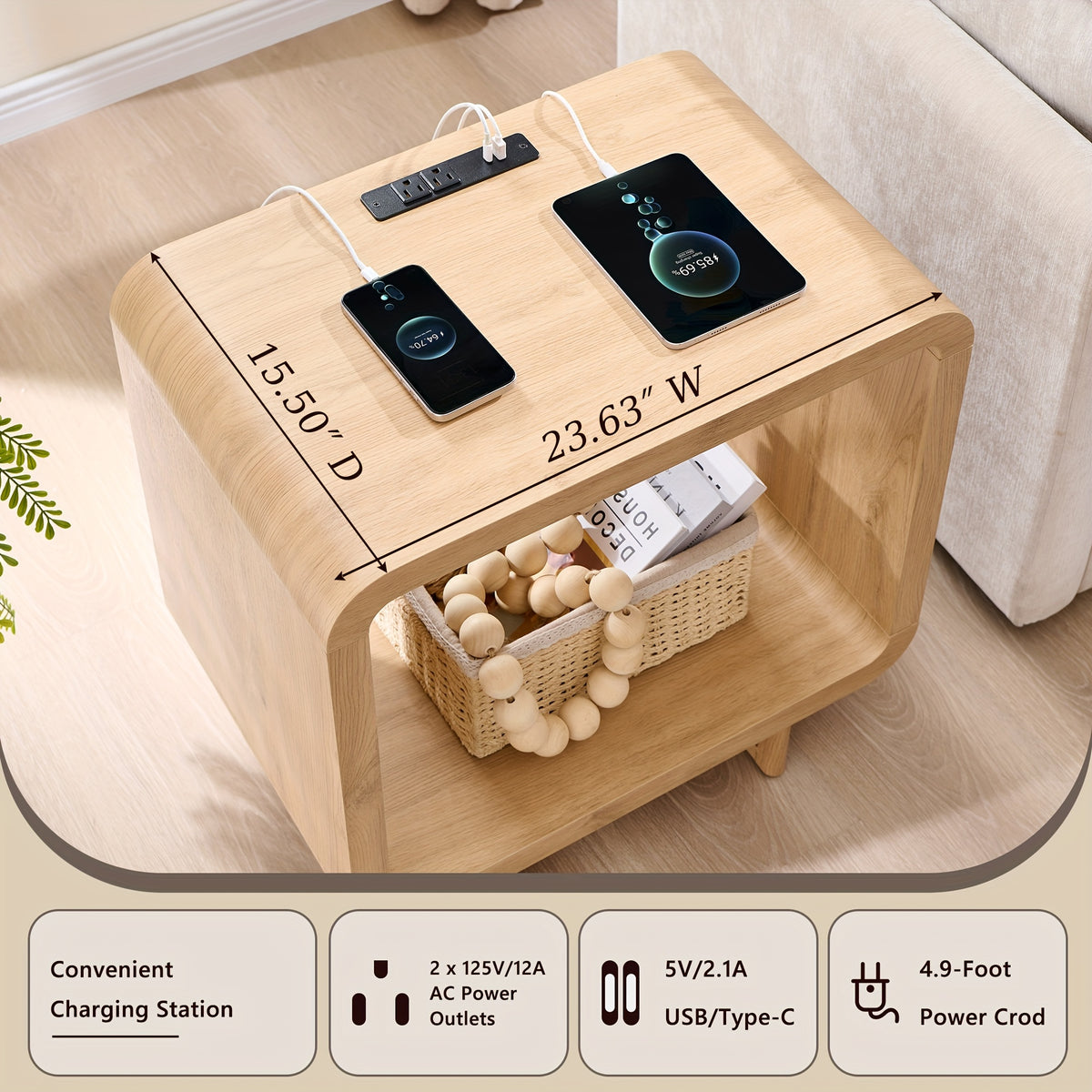Rounded Charging End Table with Open Shelf