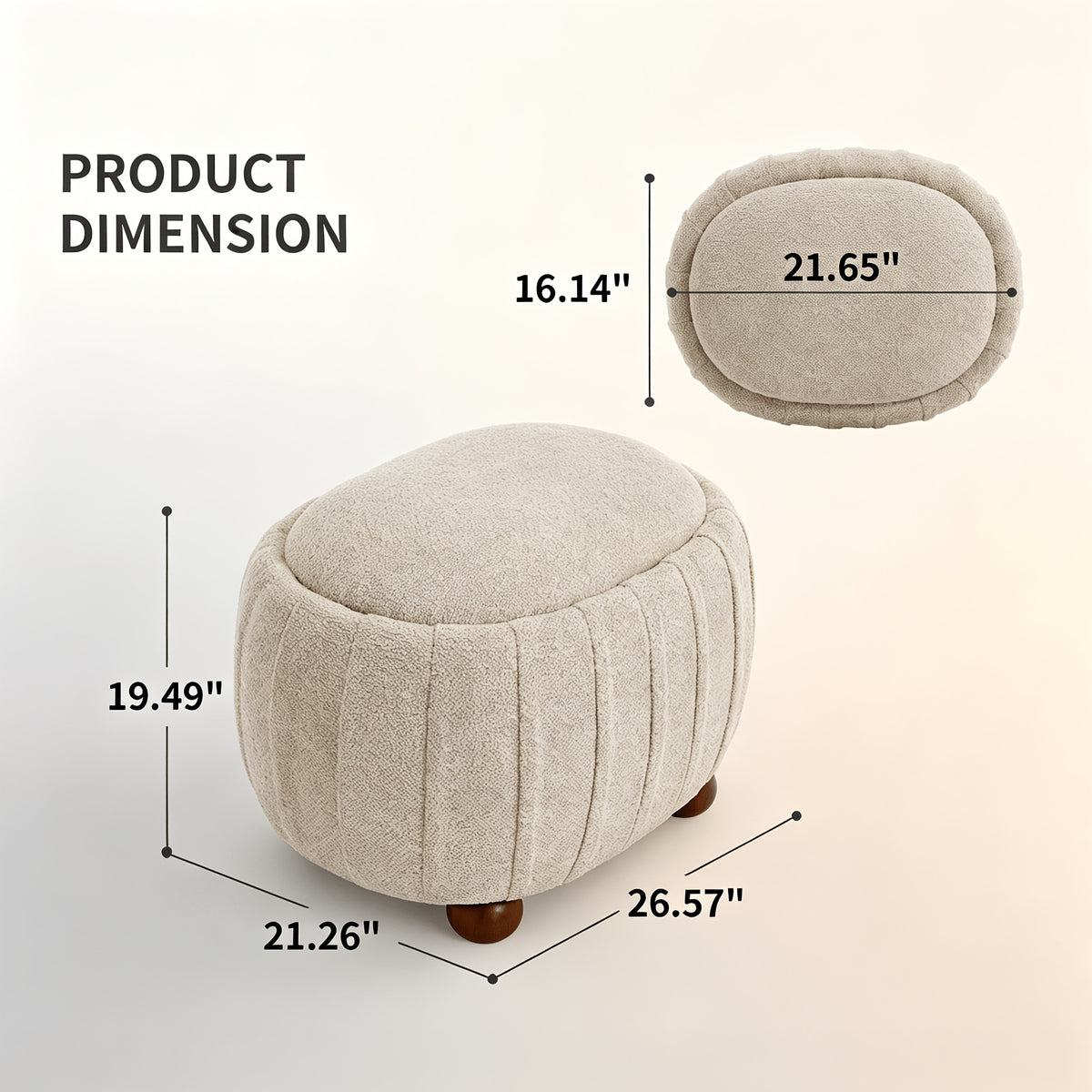 Oval Chenille Storage Ottoman with Wood Ball Legs — overall and top dimensions diagram with conflicting imported width