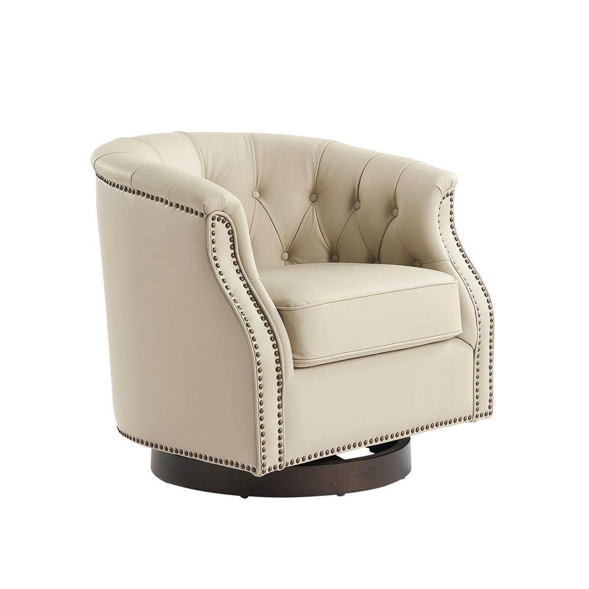 White genuine leather Chesterfield swivel rocking armchair with rolled arms