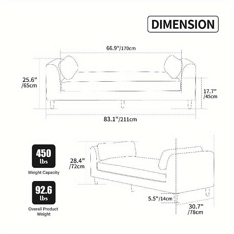 Dimension diagram of chenille arm bench with bolster pillows