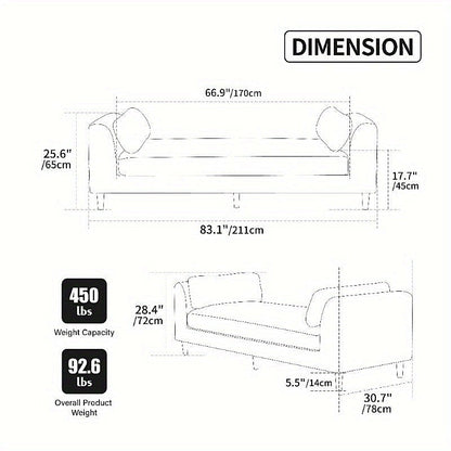 Dimension diagram of chenille arm bench with bolster pillows