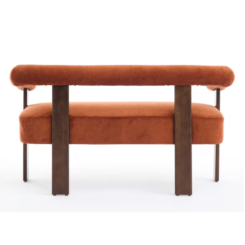 Rust Upholstered Loveseat with Wood Frame — rear product view.