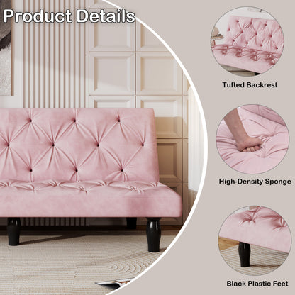 Pink sofa bed feature collage with tufting, cushion and leg details