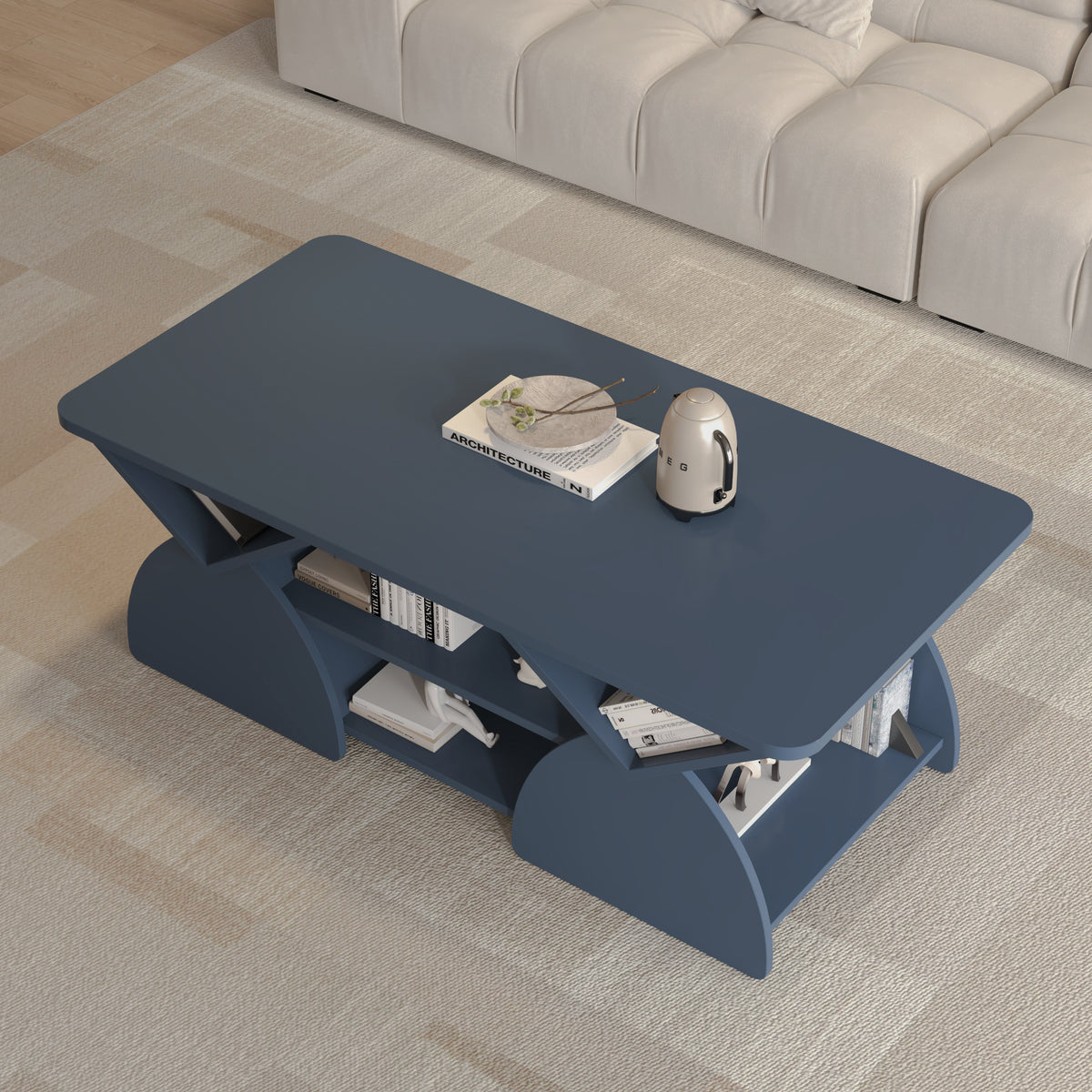 Blue table from sofa corner