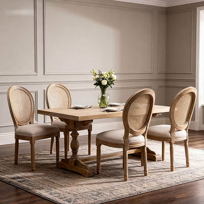 French style dining chair with a woven rattan back and beige upholstered seat