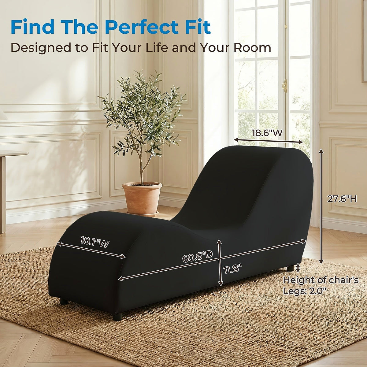 Black velvet curved yoga chaise lounge — dimension diagram