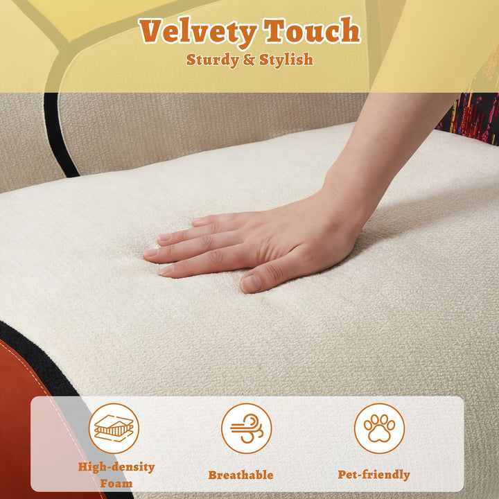 Close-up of a hand on the cream upholstery, accompanied by fabric and foam feature icons.