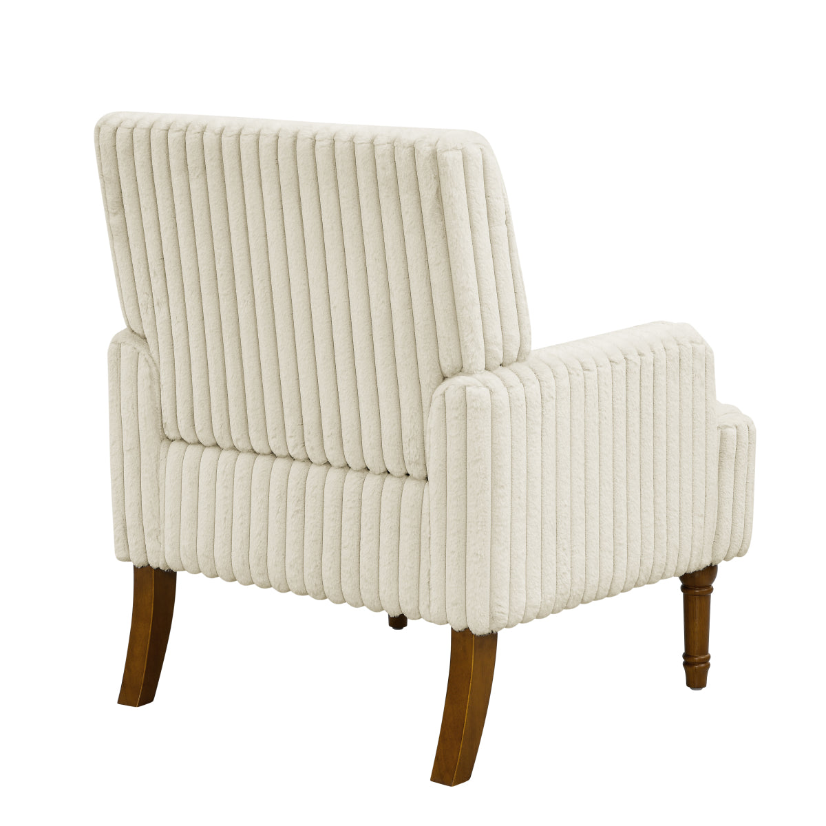 Wide-Wale Corduroy Accent Chair with Wood Legs — rear three-quarter view of the beige chair