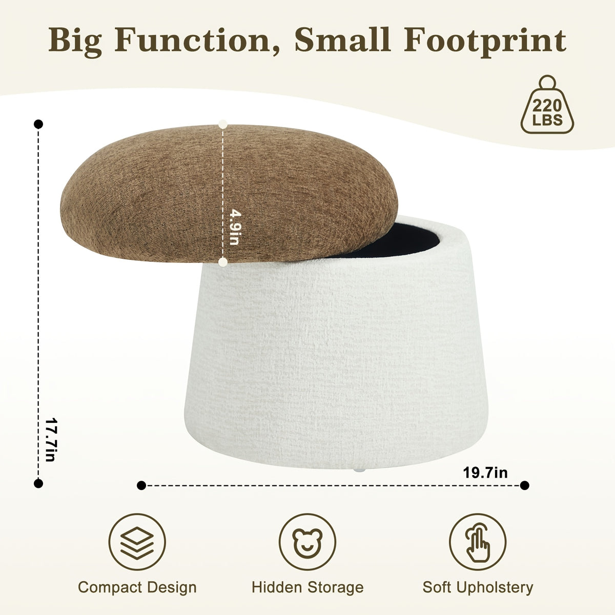 Brown and Cream Chenille Mushroom Storage Ottoman — overall diameter and height dimensions diagram