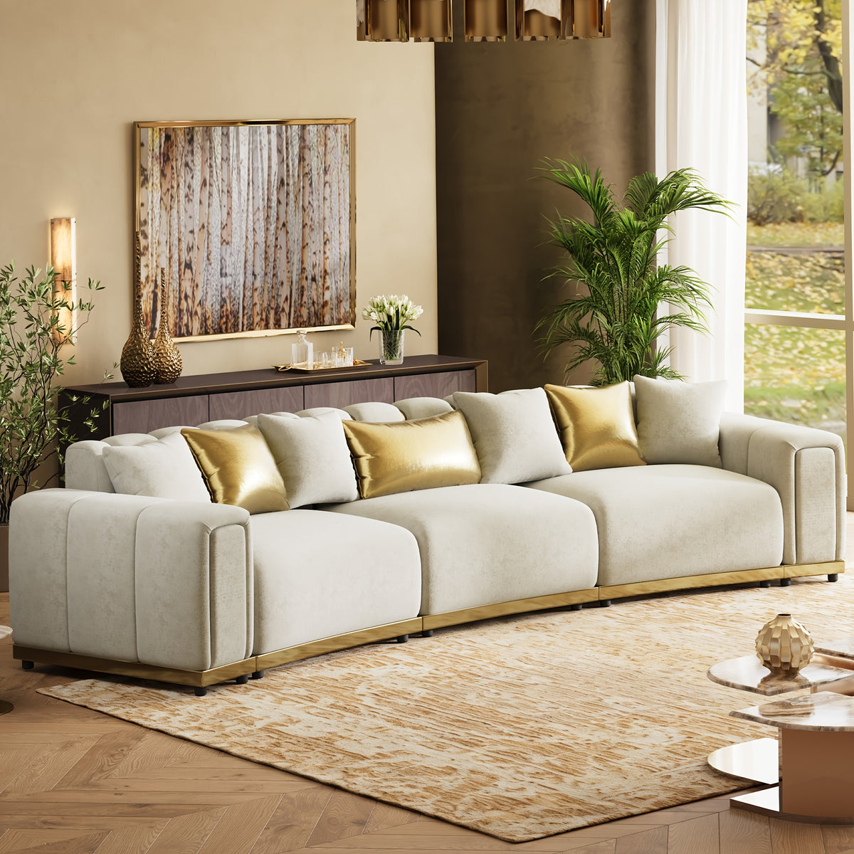 Curved Velvet Sofa with Metal Trim — beige upholstery option.