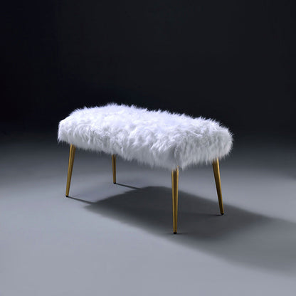 White Faux-Fur Bench with Gold-Tone Legs