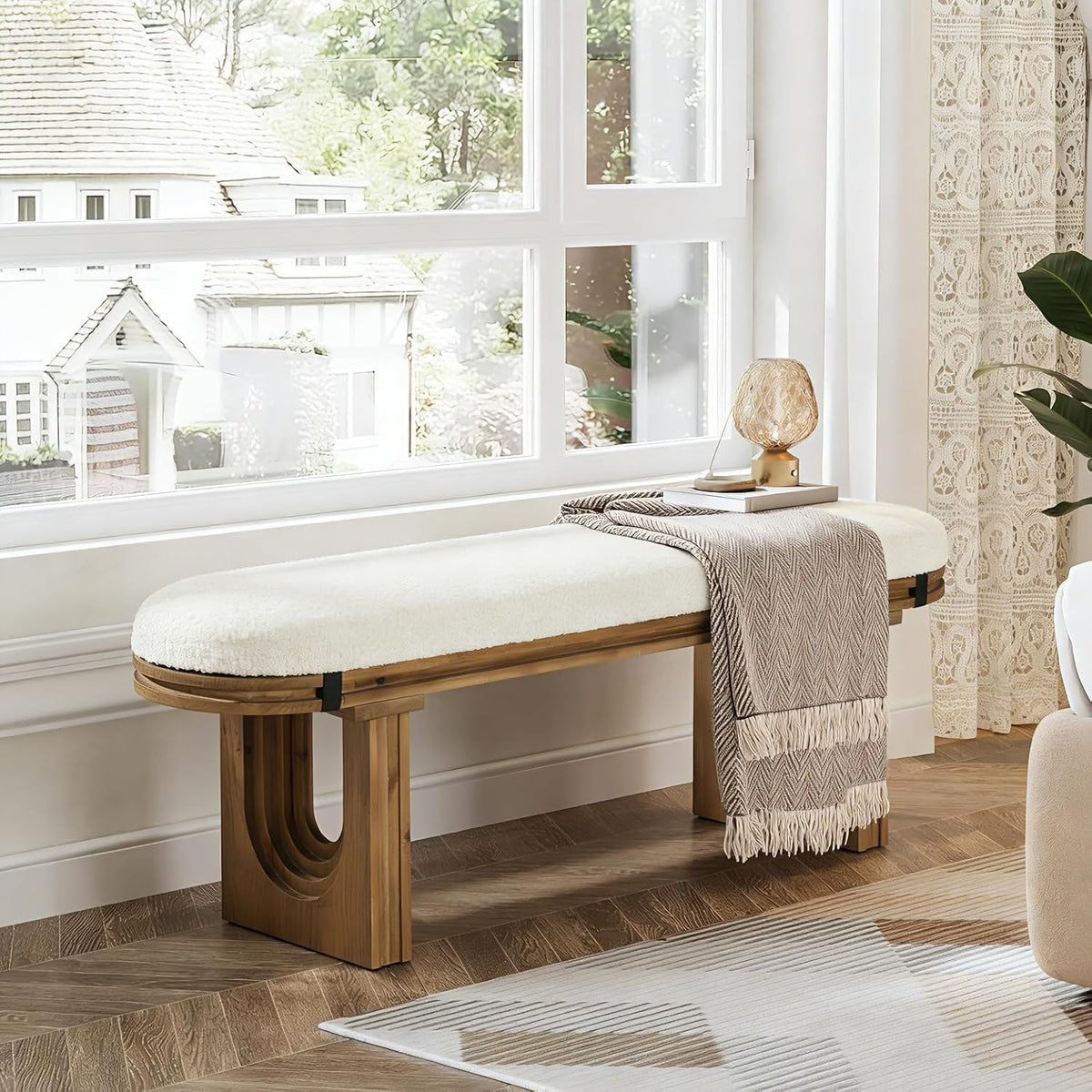 47-Inch Cream Seat Bench with Arched Wood Legs — bench front three-quarter view beneath a window