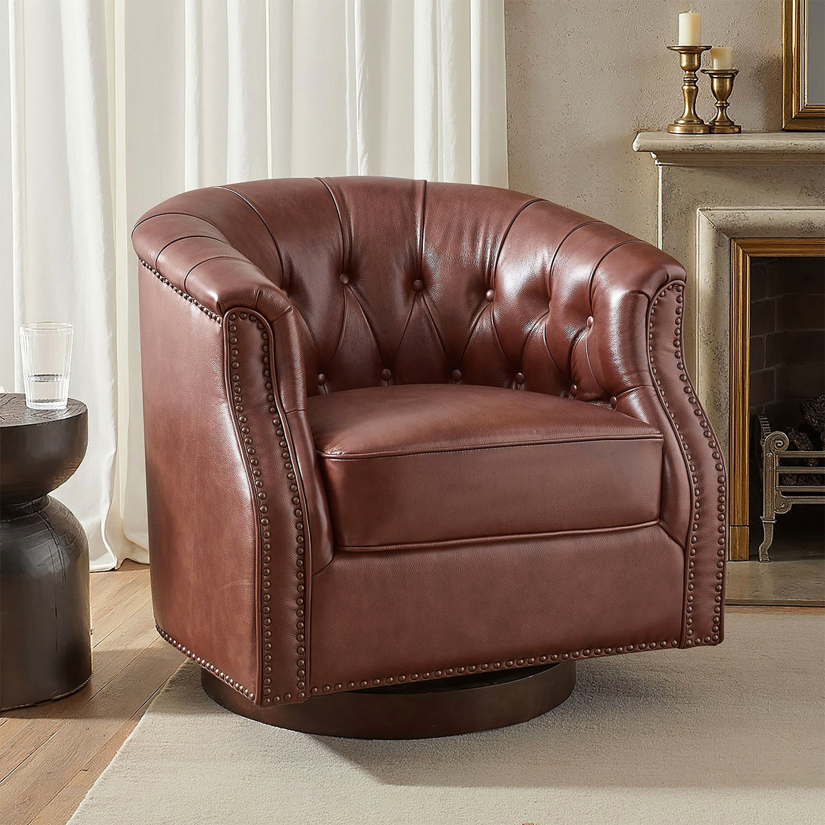 Brown genuine leather Chesterfield swivel rocking armchair with rolled arms