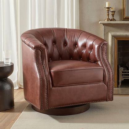 Brown genuine leather Chesterfield swivel rocking armchair with rolled arms