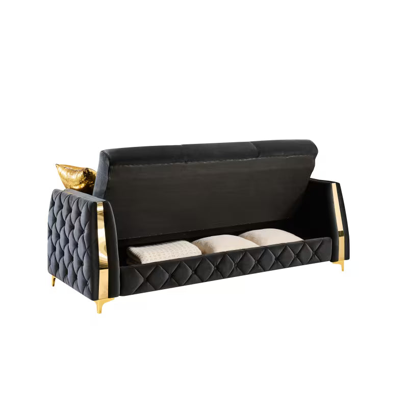 Lippa Black Three-Piece Sofa Set — loveseat seat lid raised to show storage.