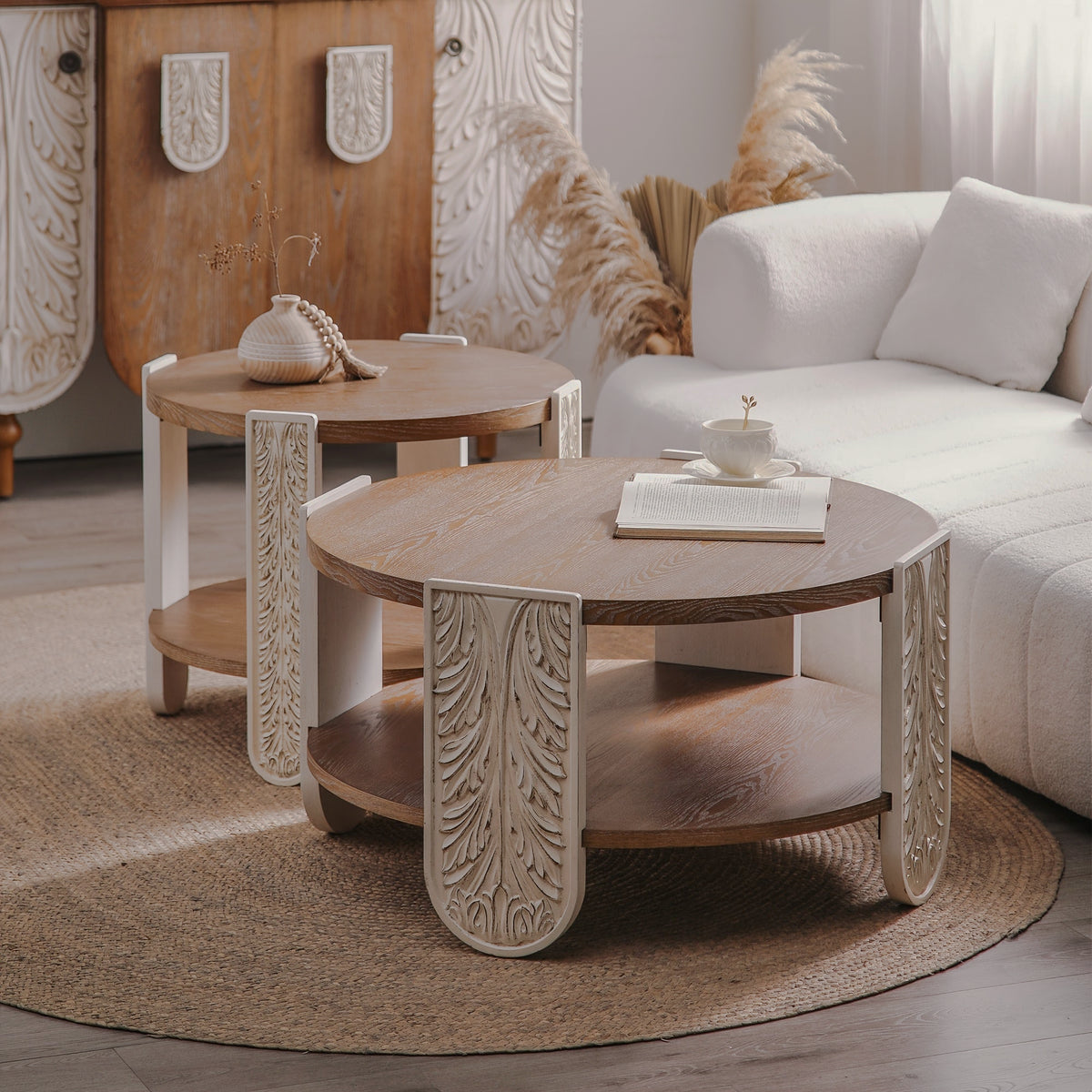 Room scene with carved-leg coffee table and a smaller matching accent table