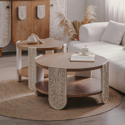 Room scene with carved-leg coffee table and a smaller matching accent table
