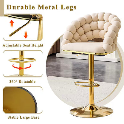 Beige bubble velvet bar stool with a gold tone base — swivel and height adjustment details