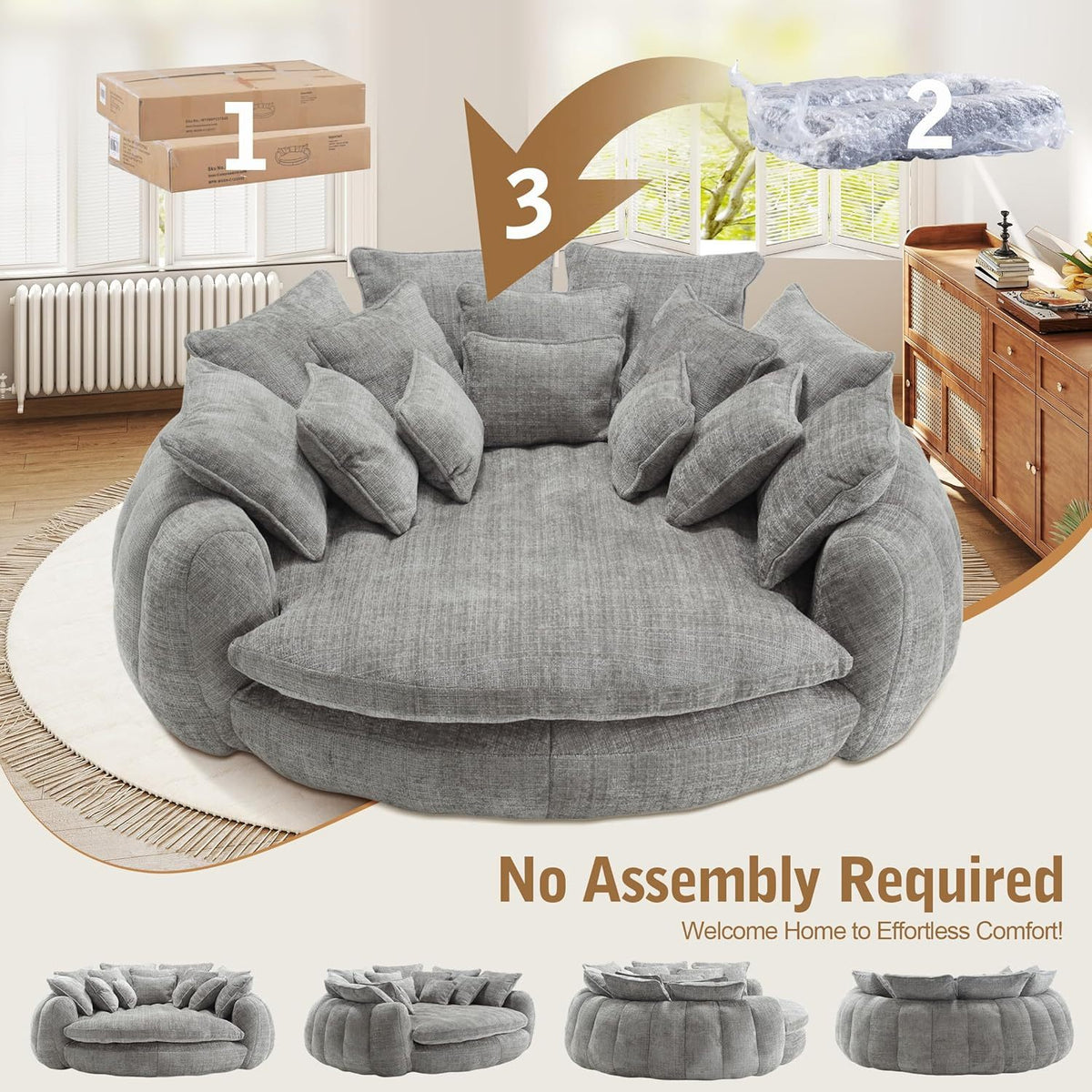 Oversized Round Chenille Lounge Sofa — light grey sofa unpacking and shape recovery.