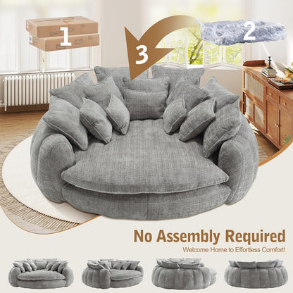 Oversized Round Chenille Lounge Sofa — light grey sofa unpacking and shape recovery.