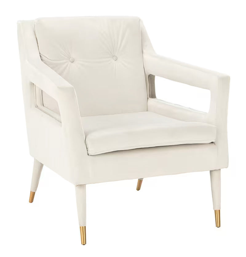 Mara Tufted Accent Chair with Gold-Tone Leg Caps — three-quarter view of the pale silver chair