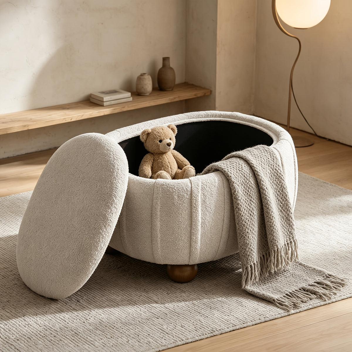 Oval Chenille Storage Ottoman with Wood Ball Legs — beige removable lid and lined storage compartment