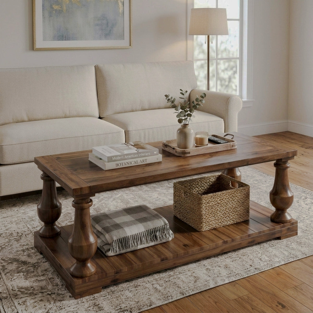 Angled view of rectangular pine table and lower shelf