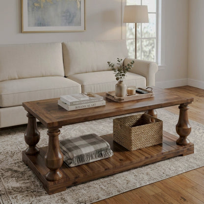 Angled view of rectangular pine table and lower shelf