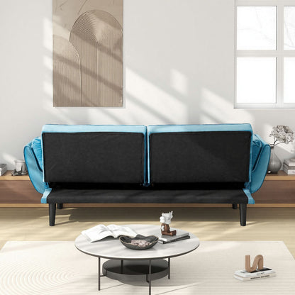 Blue Tufted Convertible Sofa — rear view showing adjustable back panels.