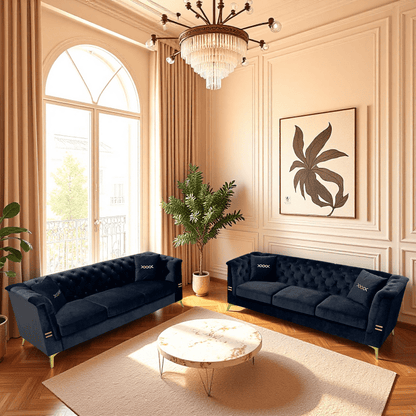 Black Velvet Two-Sofa Set — two-sofa arrangement in a warm room.
