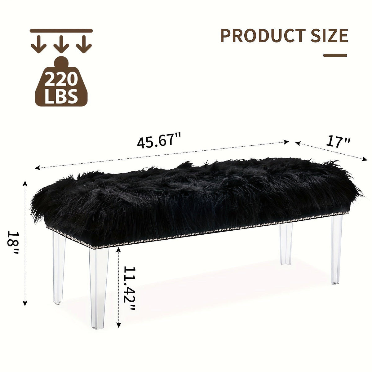 Dimension diagram of black faux-fur bench with clear acrylic legs
