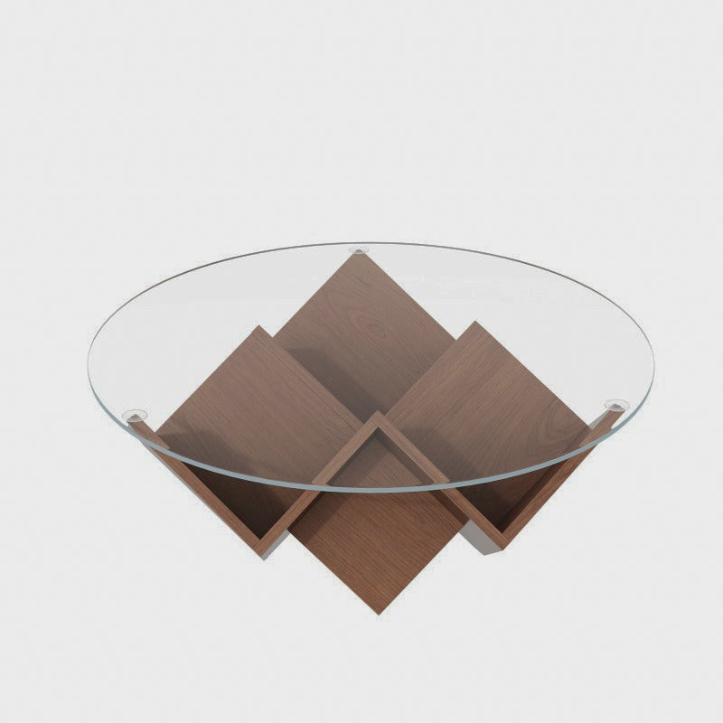 Overhead view of the glass coffee table's geometric open storage base