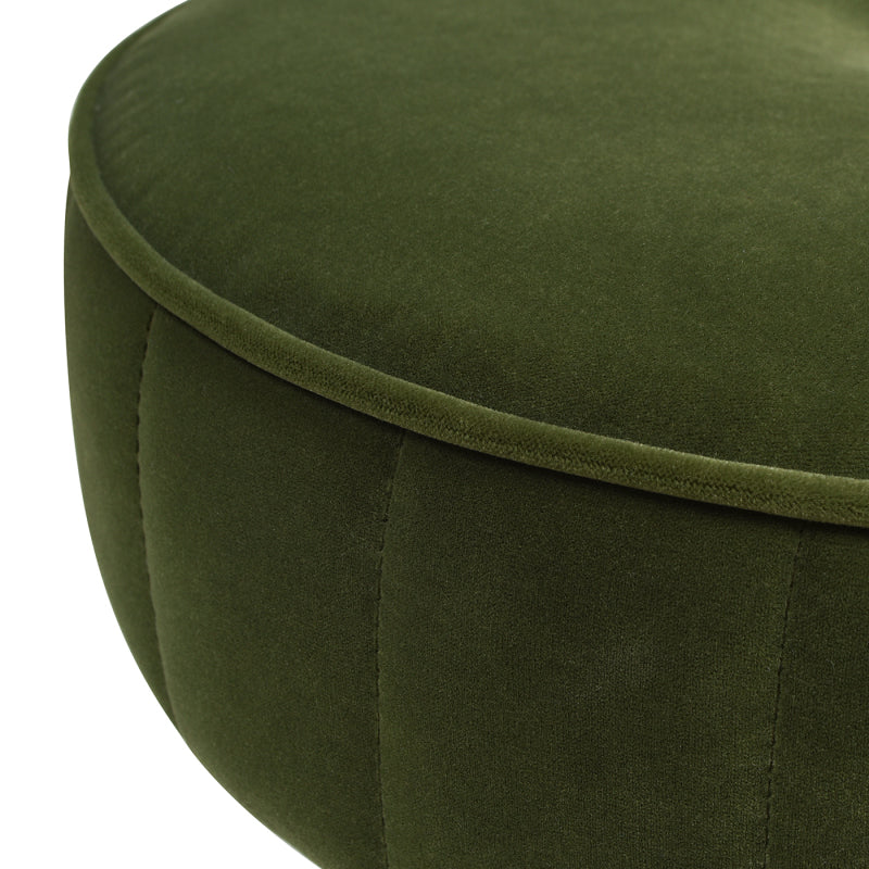 Close-up of green velvet upholstery and edge piping