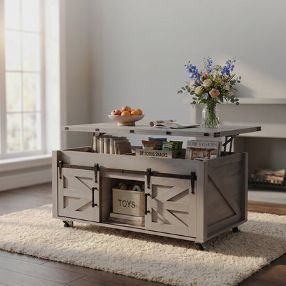 Gray barn-door coffee table with front shelving visible