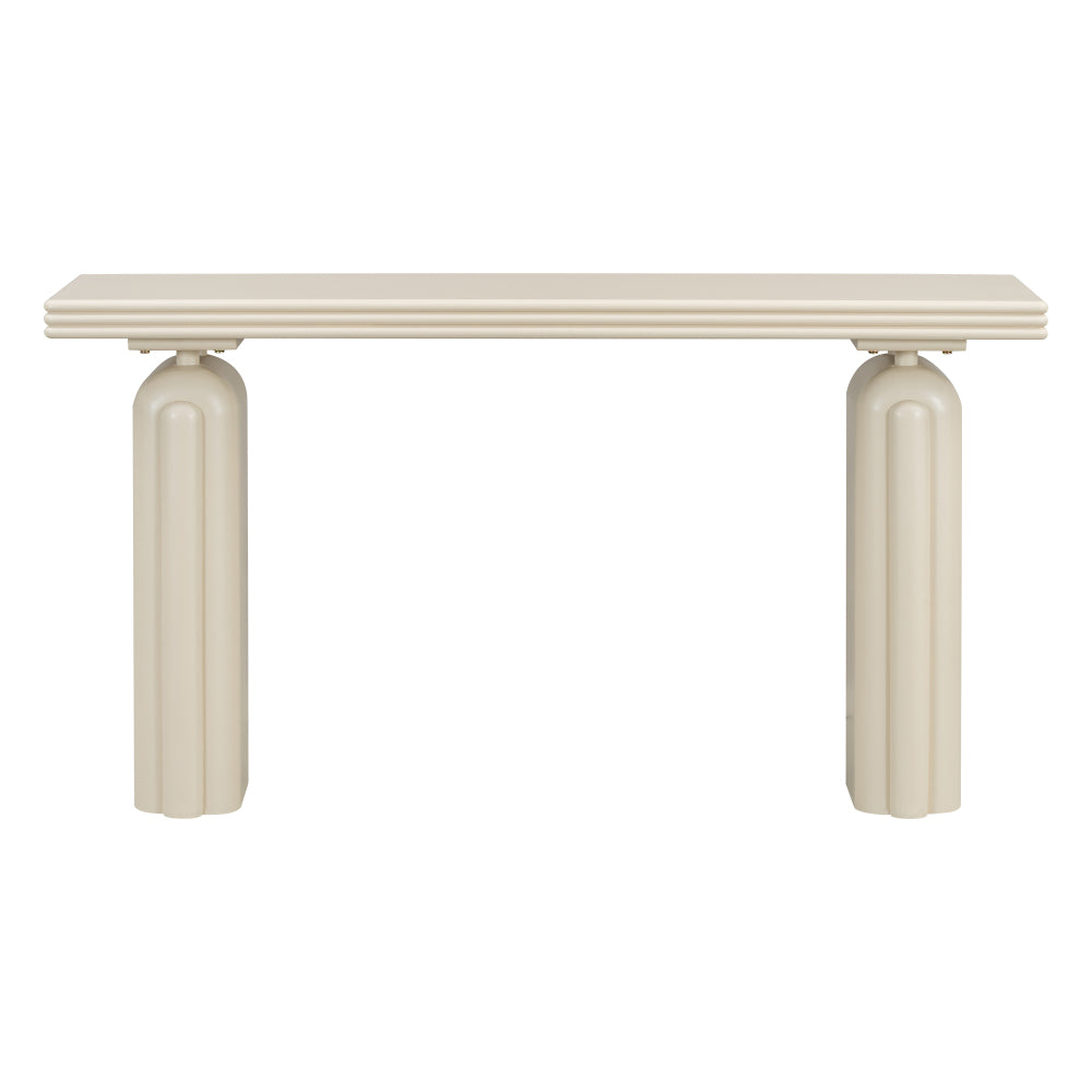 Front view of the Cream console showing its layered tabletop and two arched pedestals.