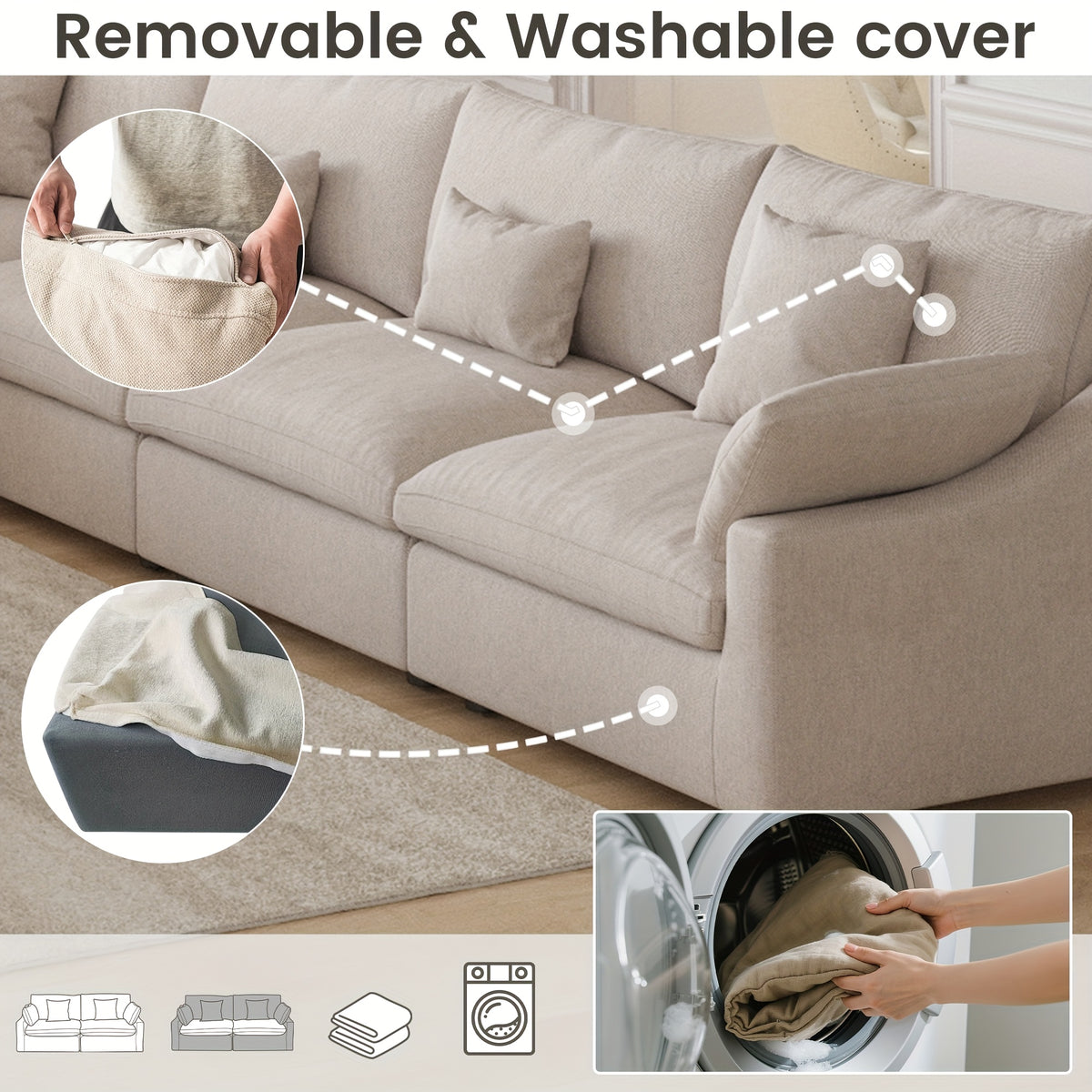155-Inch Chenille L-Shaped Modular Sectional — removable cover and care feature collage