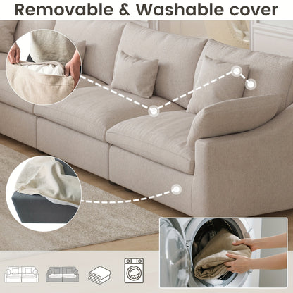 155-Inch Chenille L-Shaped Modular Sectional — removable cover and care feature collage