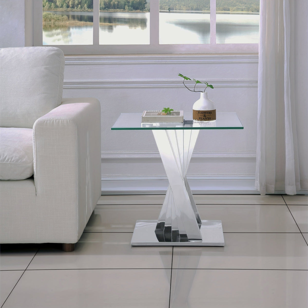 Glass-Top Tables with Twisted Stainless-Steel Bases