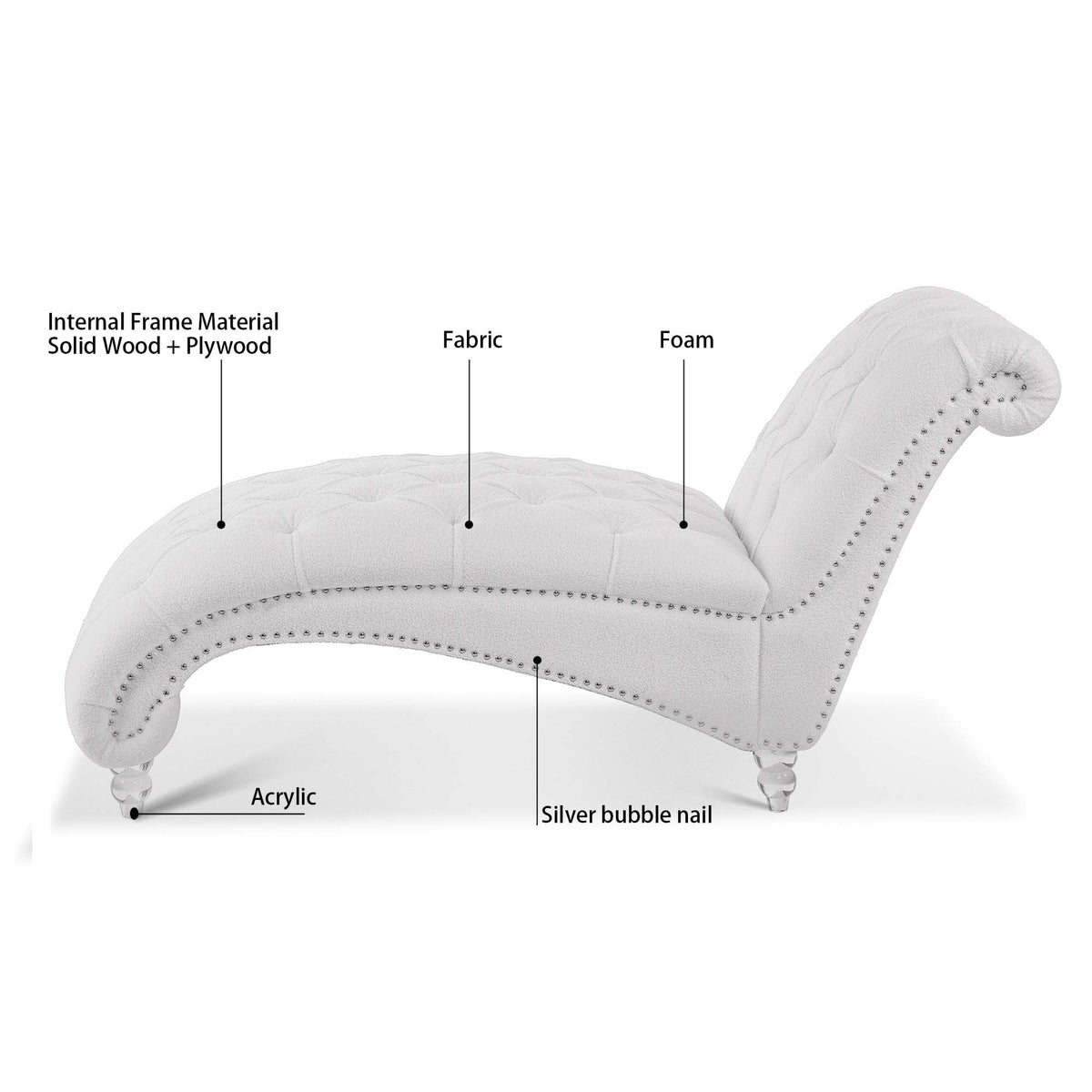 Tufted Chaise Lounge with Clear Legs — frame, upholstery, nailhead and acrylic leg detail diagram.