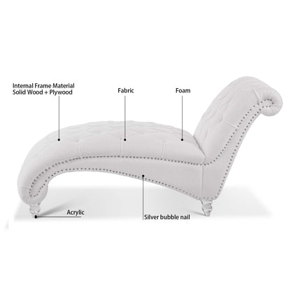 Tufted Chaise Lounge with Clear Legs — frame, upholstery, nailhead and acrylic leg detail diagram.