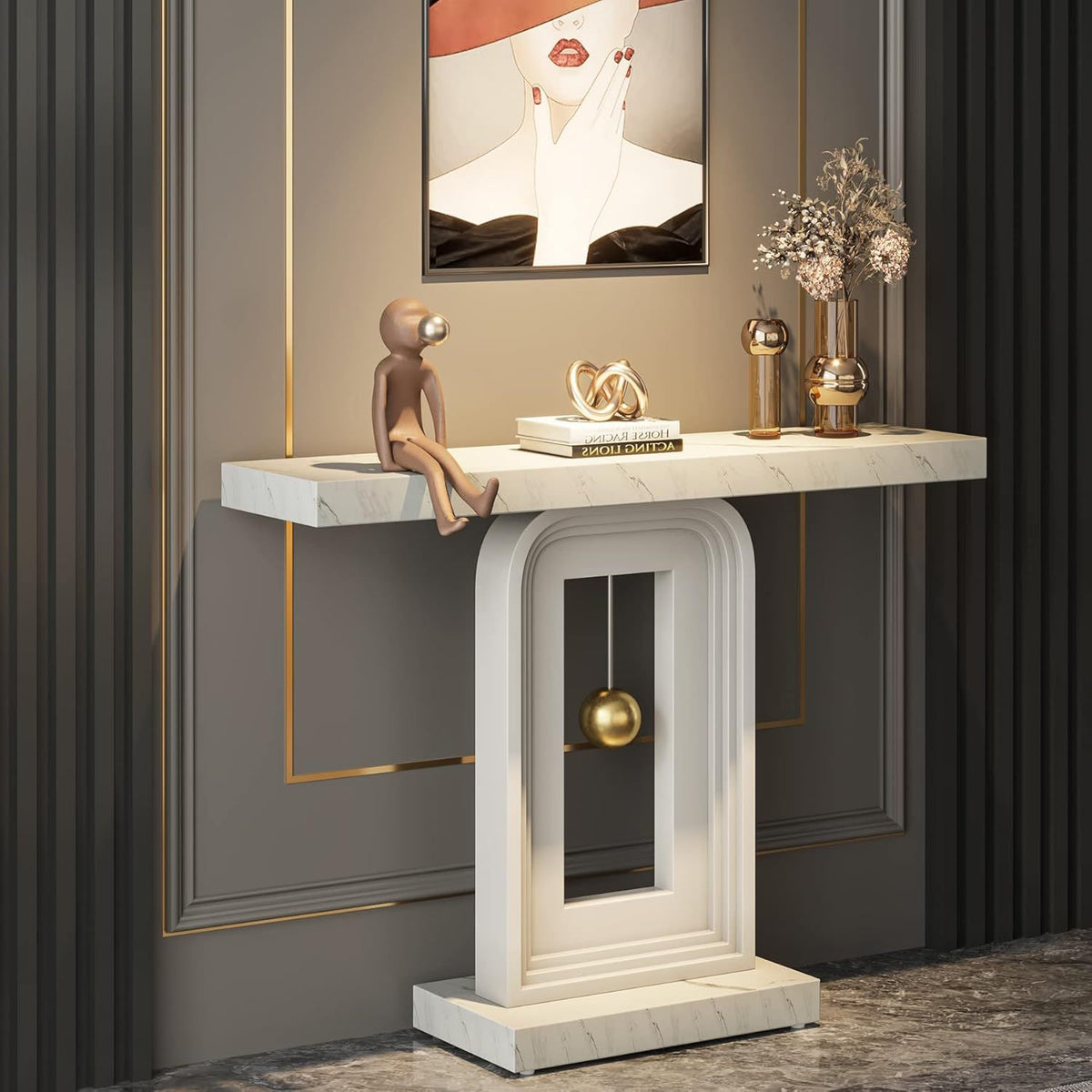 White marble-look console with arched pedestal and gold sphere against a dark paneled entryway wall