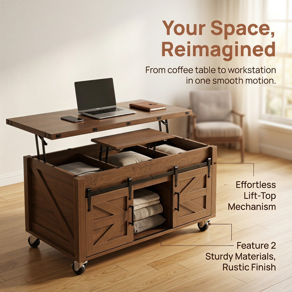 Supplier feature graphic for brown lift-top barn-door table