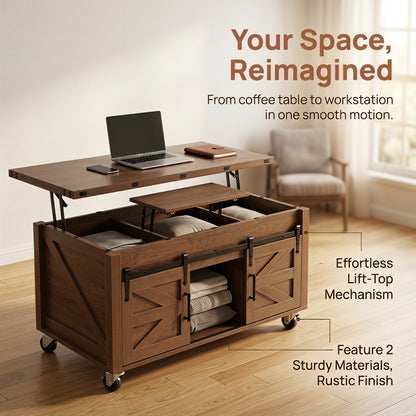 Supplier feature graphic for brown lift-top barn-door table