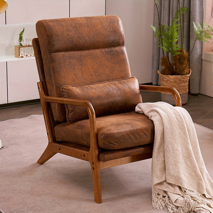 Rustic brown microfiber high back upholstered lounge chair with a warm wood frame
