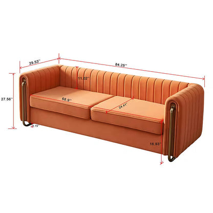 Dimension diagram of orange channel-back sofa with gold-tone accents