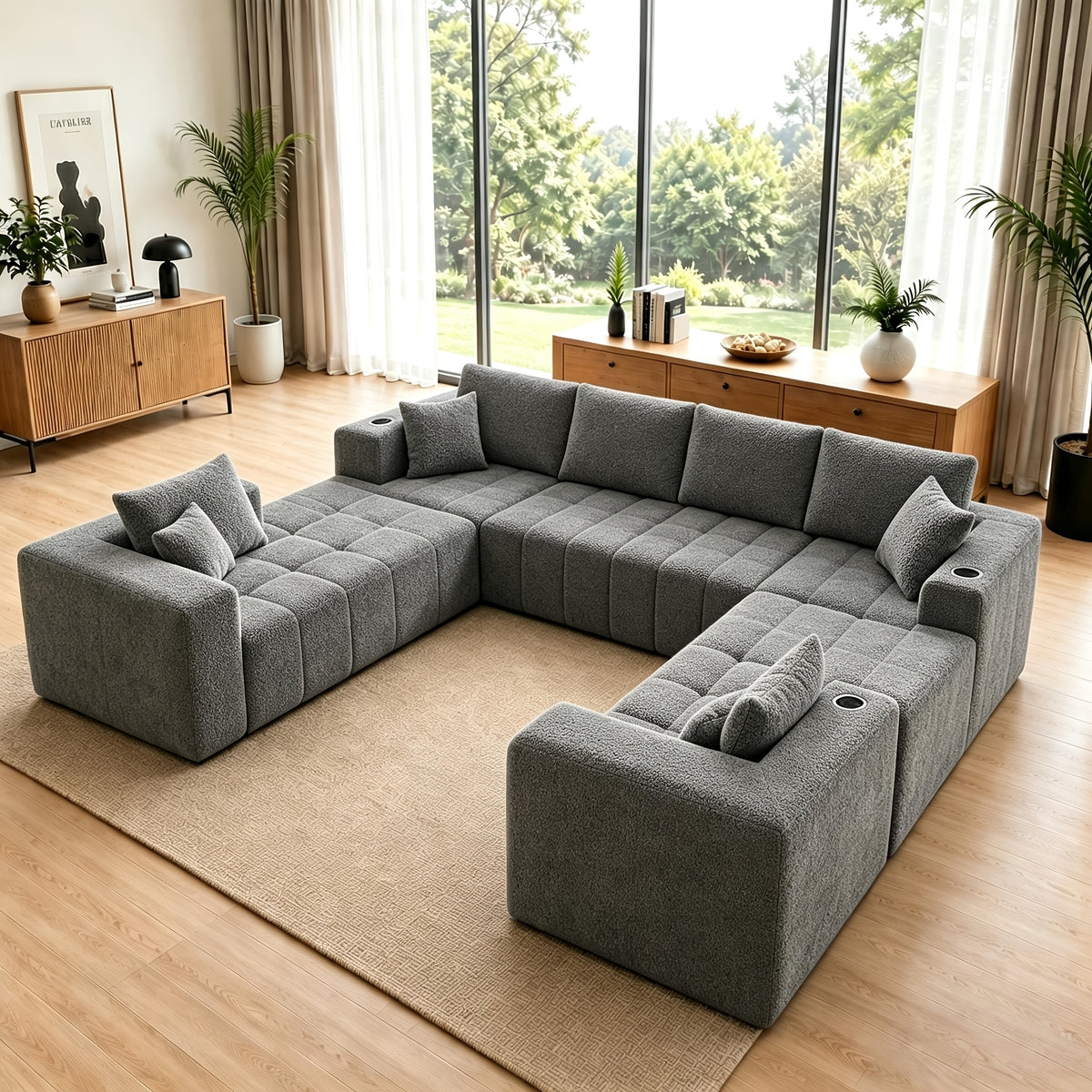 Chenille Modular Sectional with Cup Holders — gray U-shaped sectional