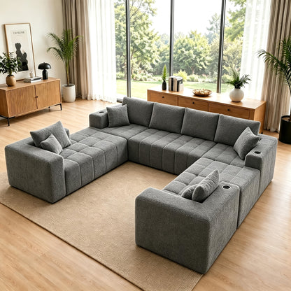 Chenille Modular Sectional with Cup Holders — gray U-shaped sectional