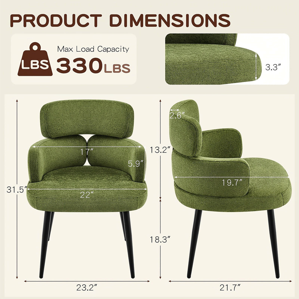 Green chenille accent chair with a segmented padded back and black metal legs